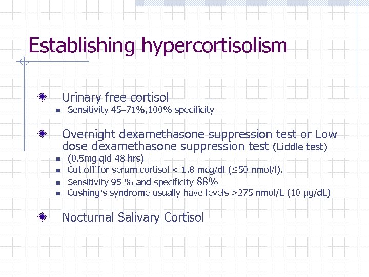 Establishing hypercortisolism Urinary free cortisol n Sensitivity 45– 71%, 100% specificity Overnight dexamethasone suppression