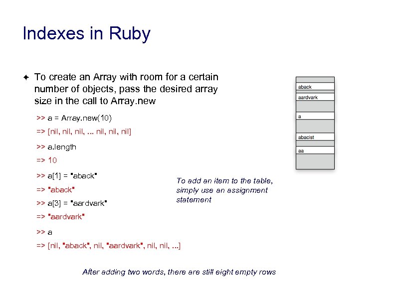 Indexes in Ruby ✦ To create an Array with room for a certain number
