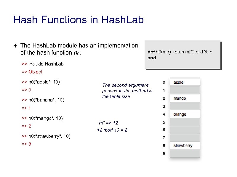 Hash Functions in Hash. Lab ✦ The Hash. Lab module has an implementation of