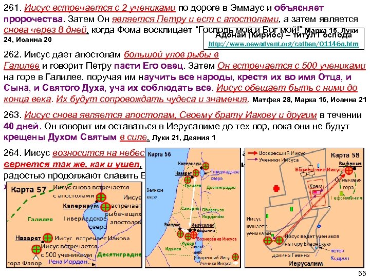 261. Иисус встречается с 2 учениками по дороге в Эммаус и объясняет пророчества. Затем