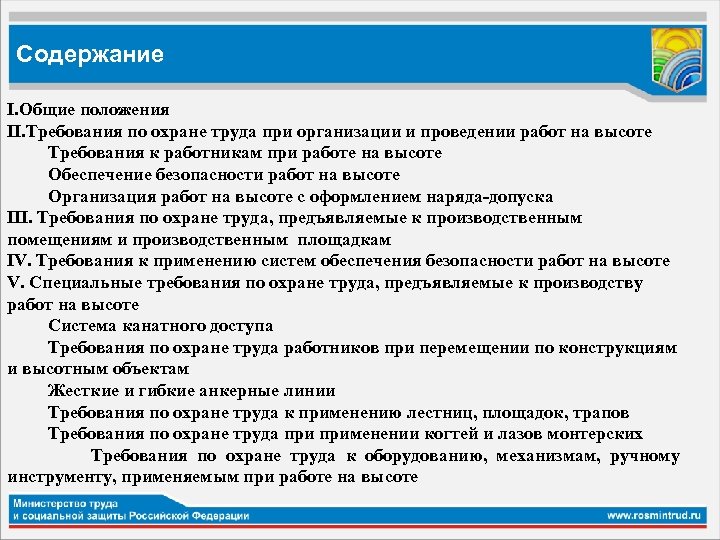 Содержание I. Общие положения II. Требования по охране труда при организации и проведении работ