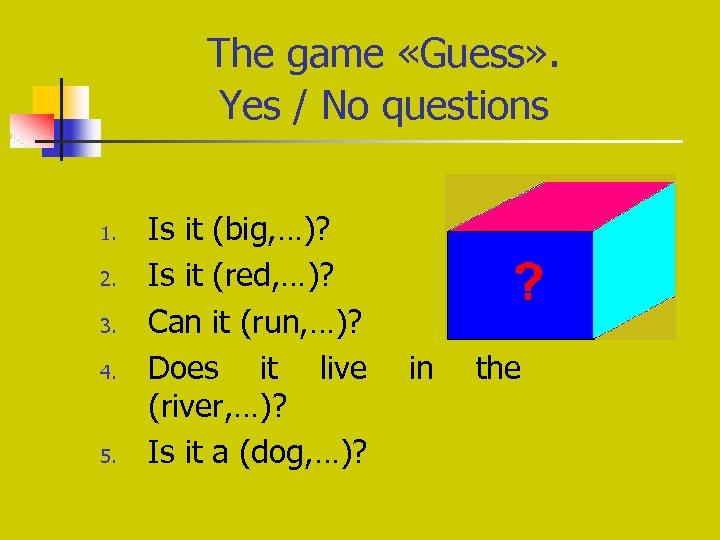 The game «Guess» . Yes / No questions 1. 2. 3. 4. 5. Is
