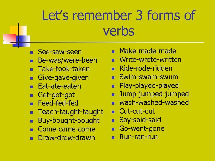 Let’s remember 3 forms of verbs n n n See-saw-seen Be-was/were-been Take-took-taken Give-gave-given Eat-ate-eaten