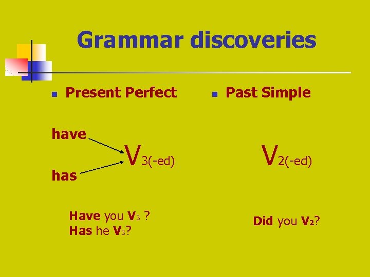 Grammar discoveries n Present Perfect have has V 3(-ed) Have you V 3 ?