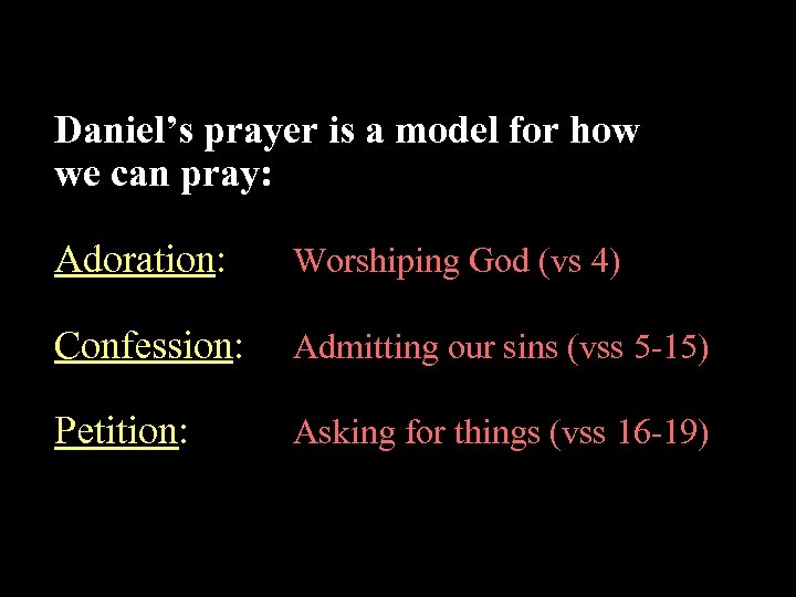 Daniel’s prayer is a model for how we can pray: Adoration: Worshiping God (vs