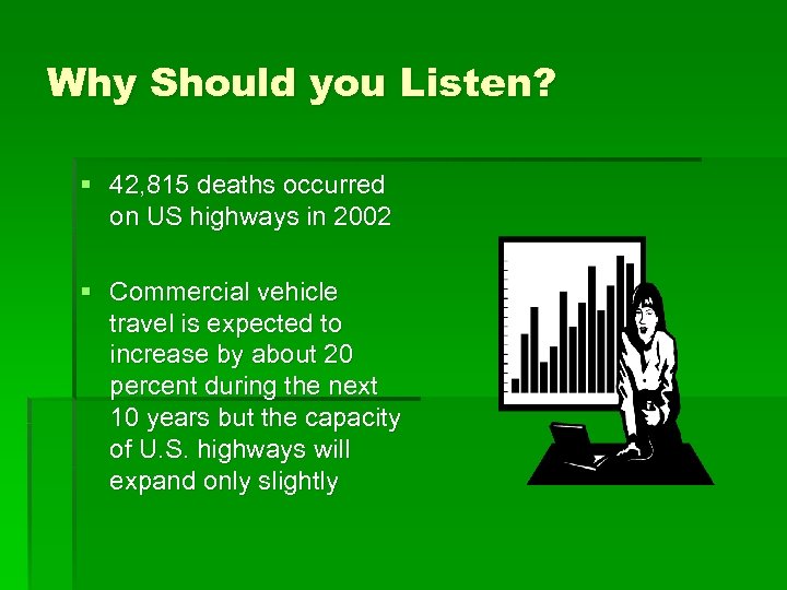 Why Should you Listen? § 42, 815 deaths occurred on US highways in 2002