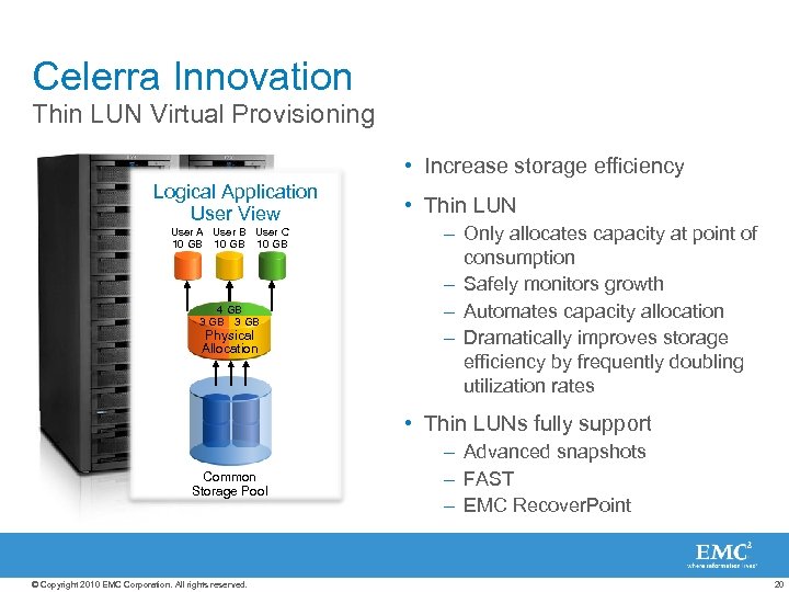 Celerra Innovation Thin LUN Virtual Provisioning • Increase storage efficiency Logical Application User View