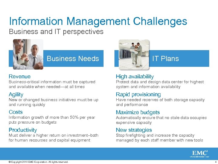 Information Management Challenges Business and IT perspectives Business Needs IT Plans Revenue High availability