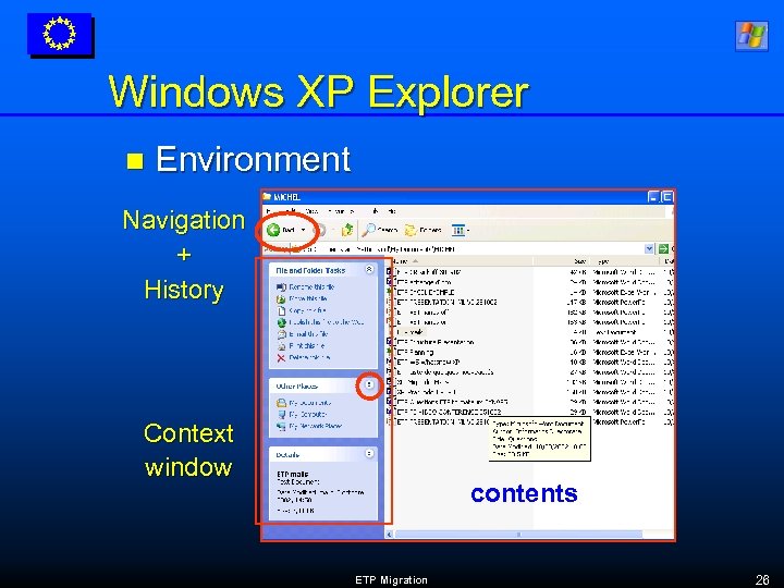 Windows XP Explorer n Environment Navigation + History Context window contents ETP Migration 26