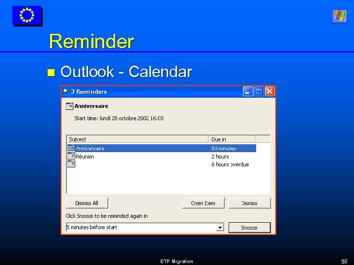 Reminder n Outlook - Calendar ETP Migration 58 