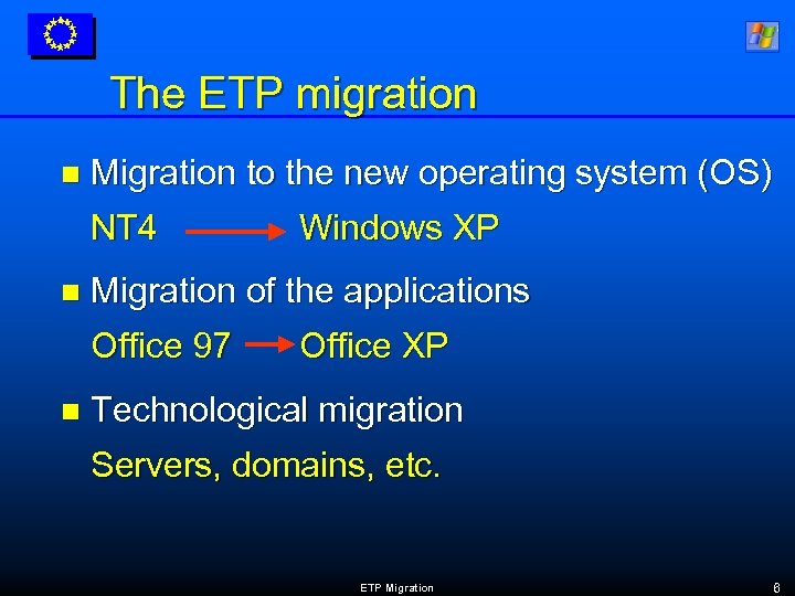 The ETP migration n Migration to the new operating system (OS) NT 4 n