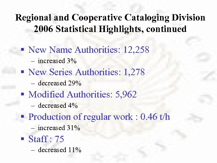 Regional and Cooperative Cataloging Division 2006 Statistical Highlights, continued § New Name Authorities: 12,