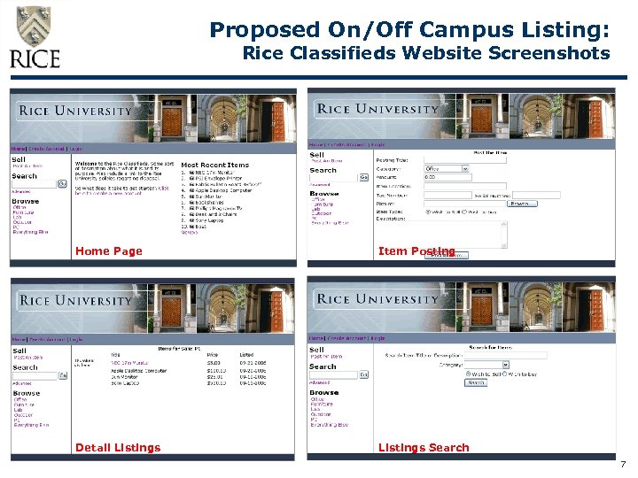 Proposed On/Off Campus Listing: Rice Classifieds Website Screenshots Home Page Item Posting Detail Listings