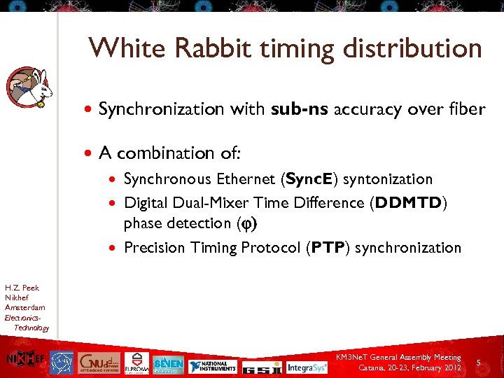 White Rabbit timing distribution Synchronization with sub-ns accuracy over fiber A combination of: Synchronous