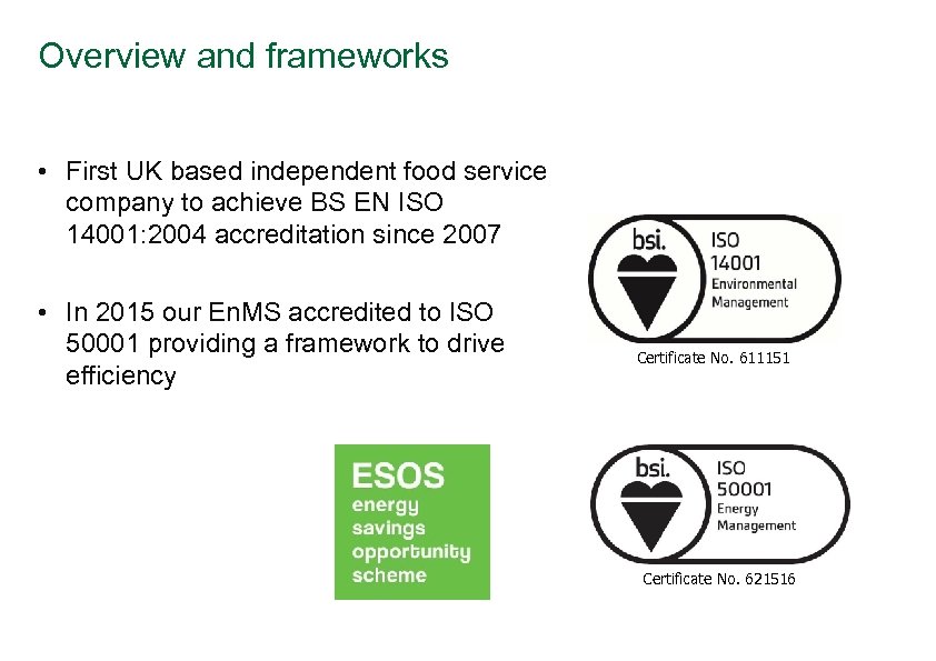 Overview and frameworks First UK based independent food service company to achieve BS EN