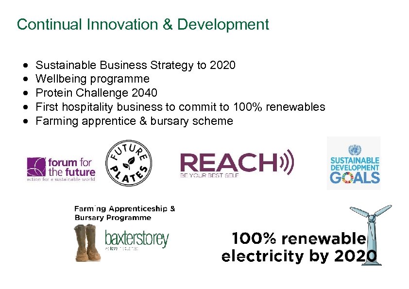 Continual Innovation & Development Sustainable Business Strategy to 2020 Wellbeing programme Protein Challenge 2040