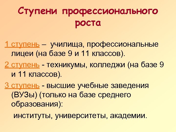 Ступени профессионального роста 1 ступень – училища, профессиональные лицеи (на базе 9 и 11