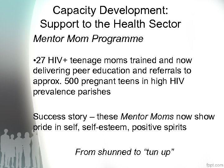 Capacity Development: Support to the Health Sector Mentor Mom Programme • 27 HIV+ teenage