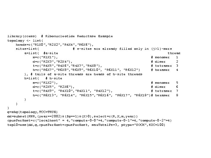 library(ccems) # Ribonucleotide Reductase Example topology <- list( heads=c("R 1 X 0", "R 2