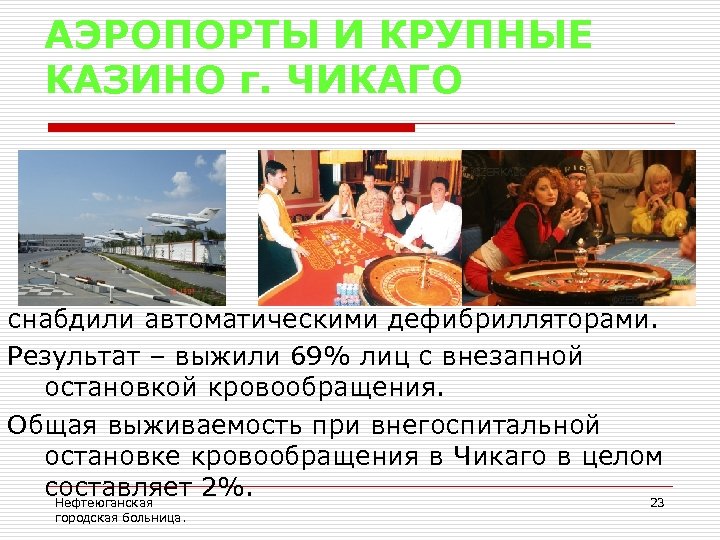 АЭРОПОРТЫ И КРУПНЫЕ КАЗИНО г. ЧИКАГО снабдили автоматическими дефибрилляторами. Результат – выжили 69% лиц