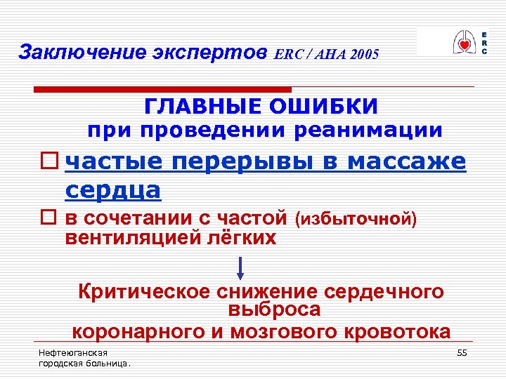 Заключение экспертов ERC / AHA 2005 ГЛАВНЫЕ ОШИБКИ при проведении реанимации o частые перерывы