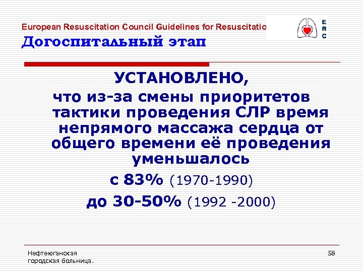 European Resuscitation Council Guidelines for Resuscitation 2005 Догоспитальный этап УСТАНОВЛЕНО, что из-за смены приоритетов