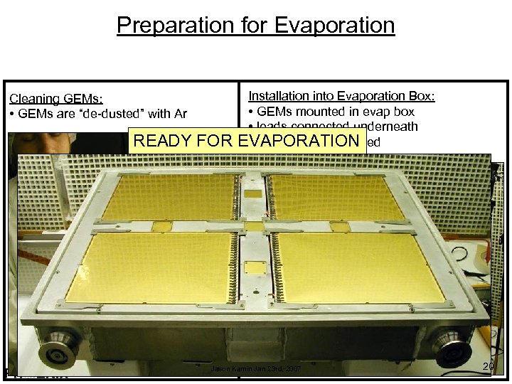 Preparation for Evaporation Cleaning GEMs: • GEMs are “de-dusted” with Ar READY FOR Installation