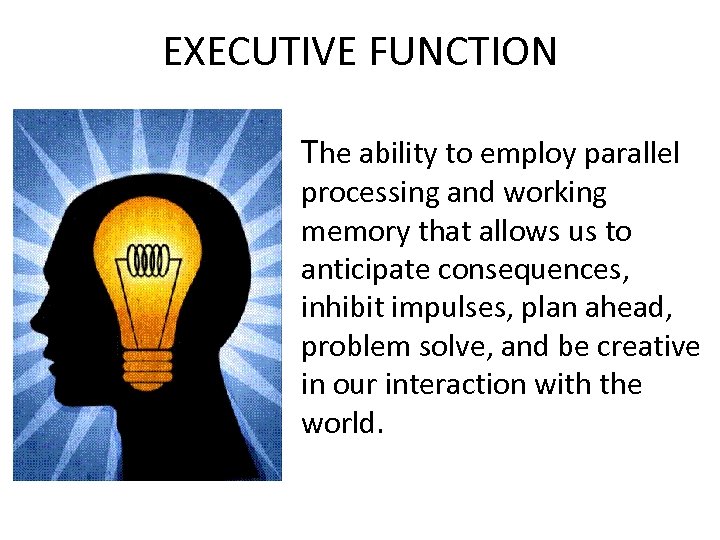 EXECUTIVE FUNCTION The ability to employ parallel processing and working memory that allows us