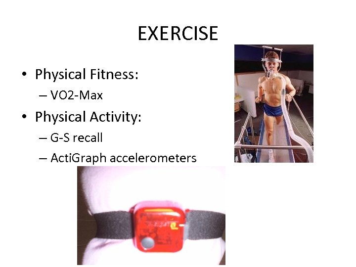 EXERCISE • Physical Fitness: – VO 2 -Max • Physical Activity: – G-S recall