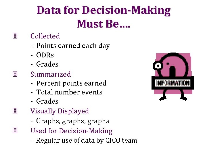 Data for Decision-Making Must Be…. 3 3 Collected - Points earned each day -