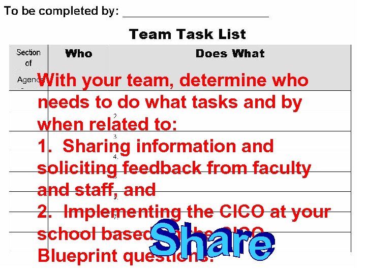 With your team, determine who needs to do what tasks and by when related