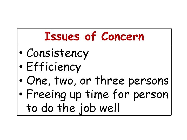Issues of Concern • Consistency • Efficiency • One, two, or three persons •