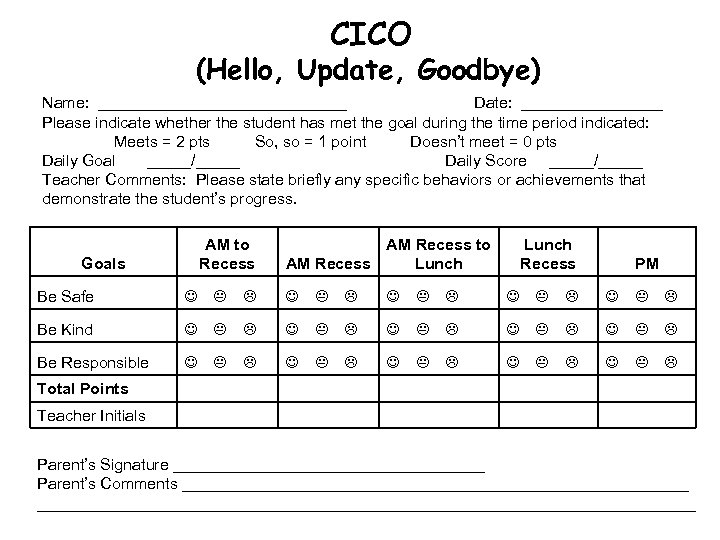 CICO (Hello, Update, Goodbye) Name: ______________ Date: ________ Please indicate whether the student has