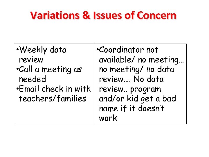Variations & Issues of Concern • Weekly data review • Call a meeting as