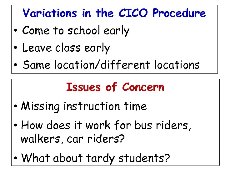 Variations in the CICO Procedure • Come to school early • Leave class early