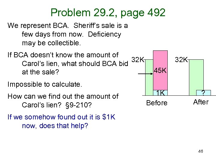 Problem 29. 2, page 492 We represent BCA. Sheriff’s sale is a few days