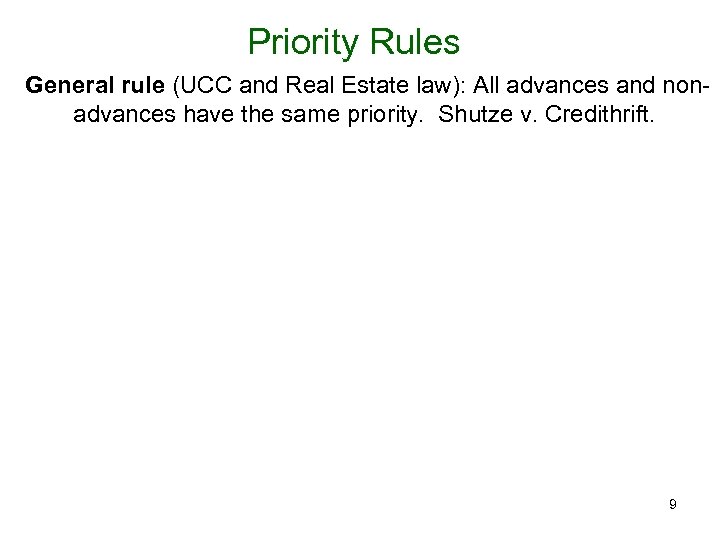 Priority Rules General rule (UCC and Real Estate law): All advances and nonadvances have