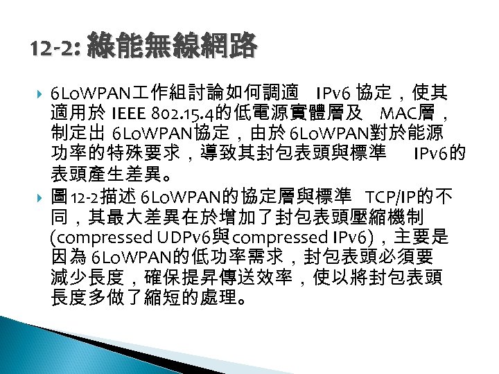 12 -2: 綠能無線網路 6 Lo. WPAN 作組討論如何調適 IPv 6 協定，使其 適用於 IEEE 802. 15.