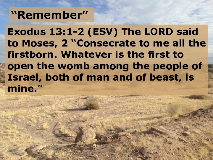 “Remember” Exodus 13: 1 -2 (ESV) The LORD said to Moses, 2 “Consecrate to