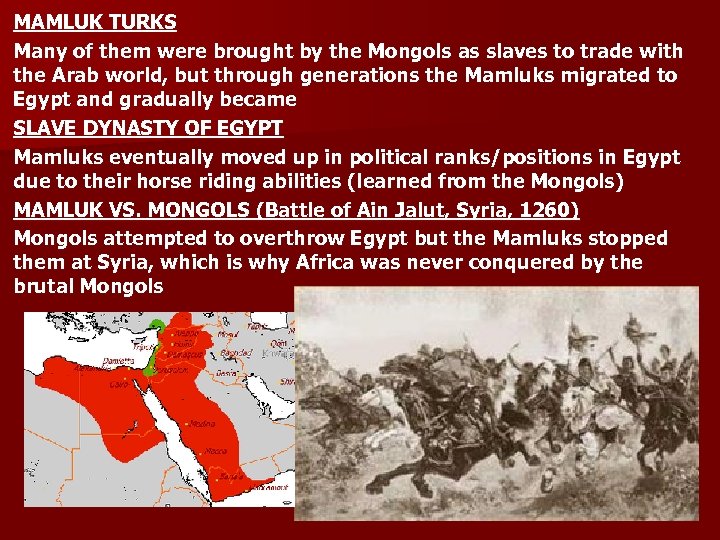 MAMLUK TURKS Many of them were brought by the Mongols as slaves to trade