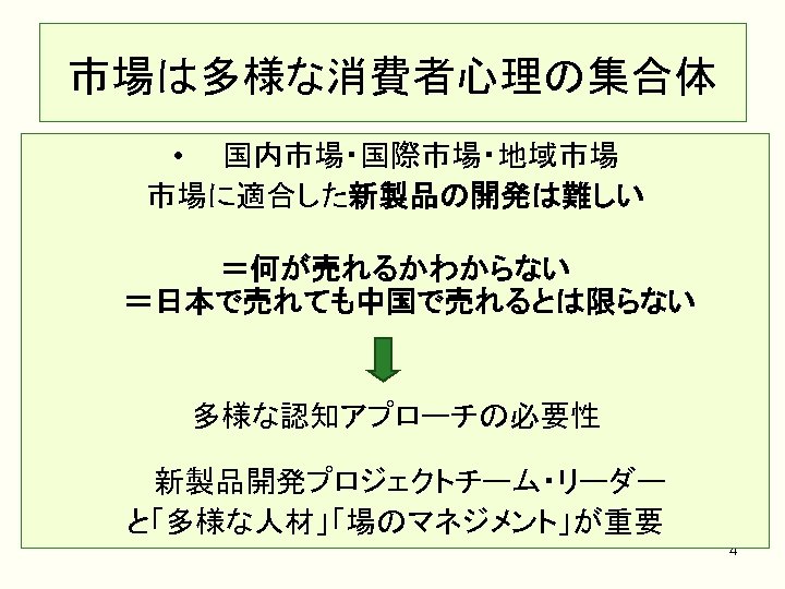 市場は多様な消費者心理の集合体 • 　国内市場・国際市場・地域市場 市場に適合した新製品の開発は難しい ＝何が売れるかわからない ＝日本で売れても中国で売れるとは限らない 多様な認知アプローチの必要性 新製品開発プロジェクトチーム・リーダー と「多様な人材」「場のマネジメント」が重要 4 