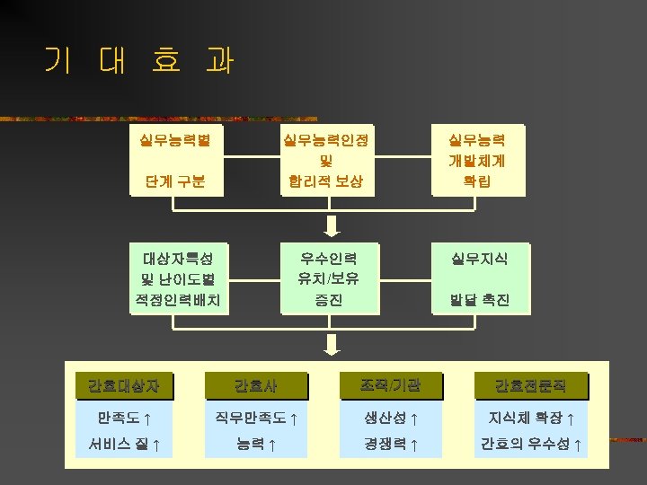 기 대 효 과 실무능력별 실무능력인정 및 합리적 보상 우수인력 유치/보유 실무지식 증진 단계