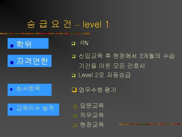 승 급 요 건 – level 1 학위 q RN 심사항목 교육이수 실적 신입교육