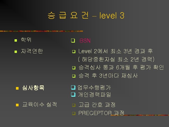 승 급 요 건 – level 3 n 학위 n 자격연한 q BSN q