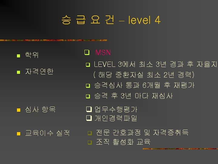 승 급 요 건 – level 4 n n 학위 자격연한 q MSN q