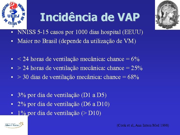 Incidência de VAP • NNISS 5 -15 casos por 1000 dias hospital (EEUU) •