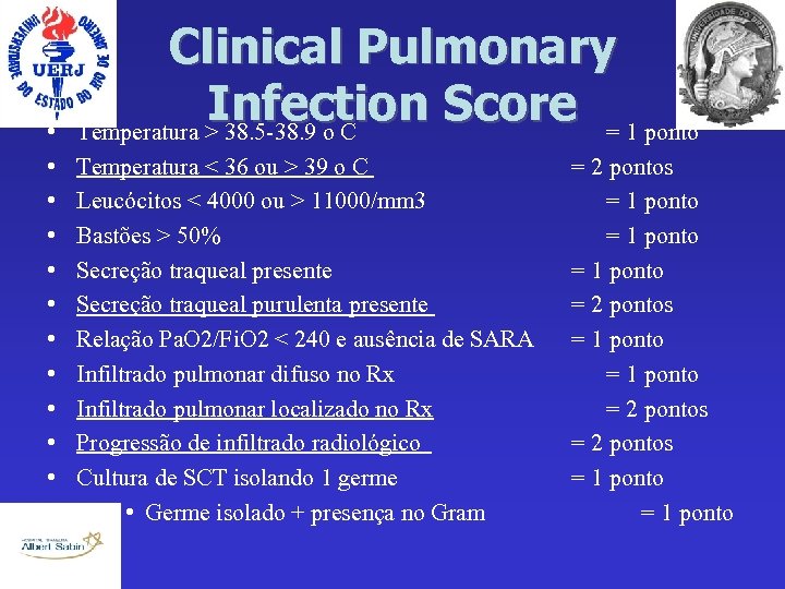  • • • Clinical Pulmonary Infection Score = 1 ponto Temperatura > 38.