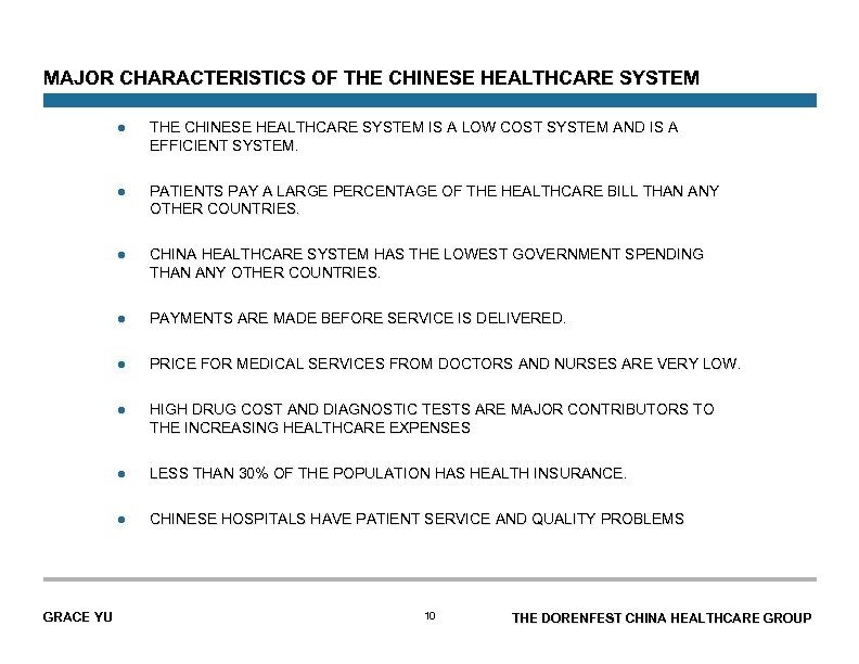 MAJOR CHARACTERISTICS OF THE CHINESE HEALTHCARE SYSTEM l l PATIENTS PAY A LARGE PERCENTAGE