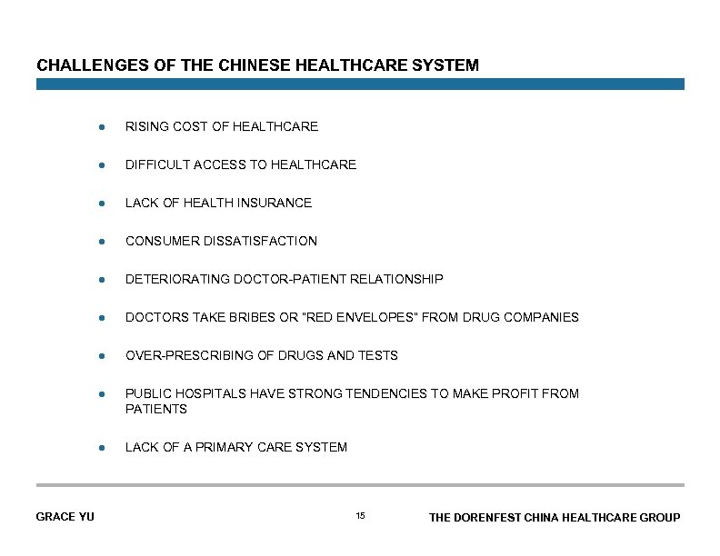 CHALLENGES OF THE CHINESE HEALTHCARE SYSTEM l l DIFFICULT ACCESS TO HEALTHCARE l LACK