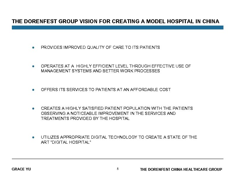 THE DORENFEST GROUP VISION FOR CREATING A MODEL HOSPITAL IN CHINA l l OPERATES